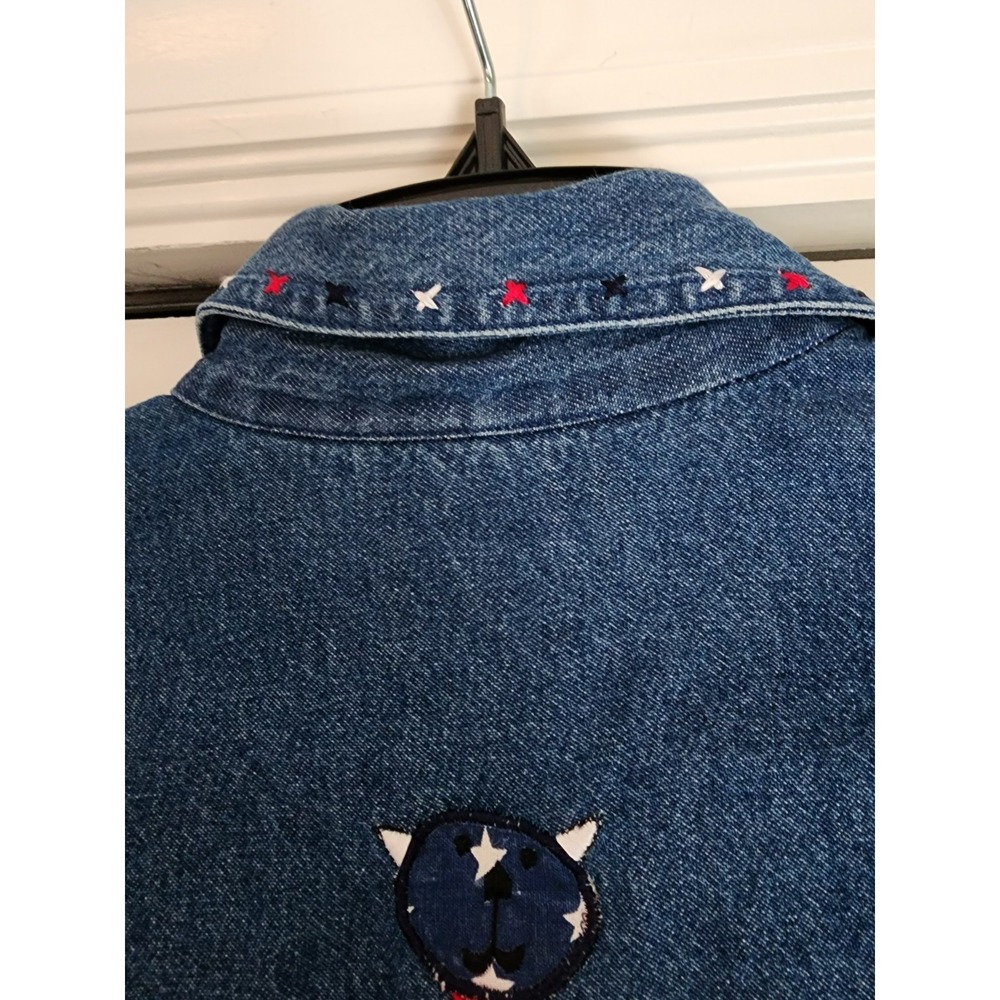 Vintage Life Style Petite PP Patriotic Cat Embroidered Denim Jacket USA Novelty - Picture 5 of 8